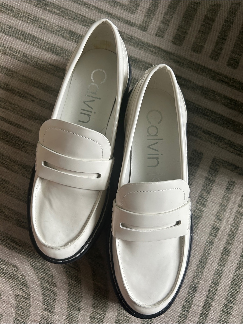 Calvin Klein White Leather Lug-Sole Penny Loafers